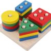 Montessori Wooden Shape Sorting Puzzle – 4-Stack Geometric Toddler Toy 12–36 Months – Water-Based Paint