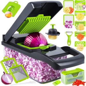 Vegetable Chopper, Pro Onion Chopper, 14 in 1Multifunctional Food Chopper, Kitchen Vegetable Slicer Dicer Cutter,Veggie Chopper With 8 Blades,Carrot and Garlic With Container (Gray)