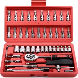 EGOFINE 46 Pieces 1/4" Drive Socket Set&Tool Sets, Ratchet Wrench Set with Bit Socket Set Metric and Extension Bar for DIY, Car Repair and Household with Storage Case
