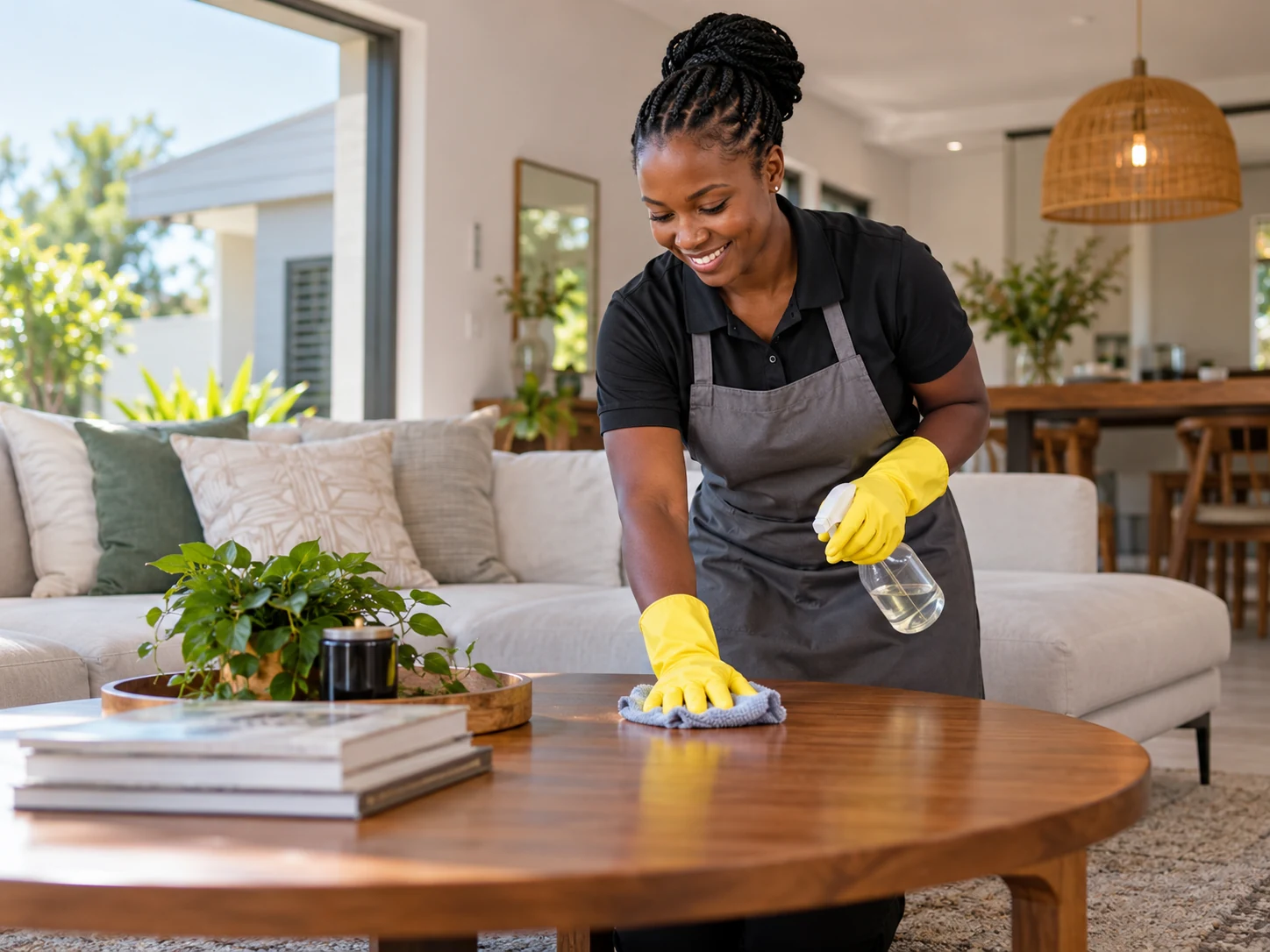 Professional cleaner working inside a home